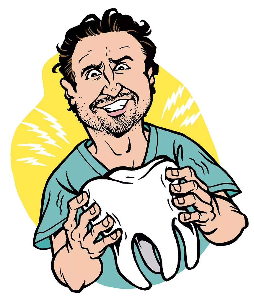 Color caricature of Broward County dentist Charlie Adelson holding a giant molar