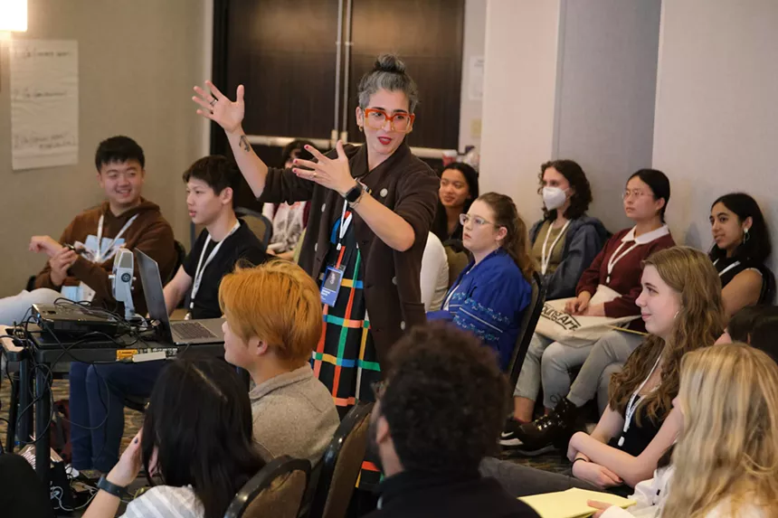 Writer Vanessa Garcia talks to students in class