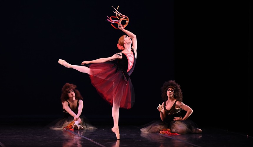 Three dancers of Les Ballets Trockadero de Monte Carlo on stage