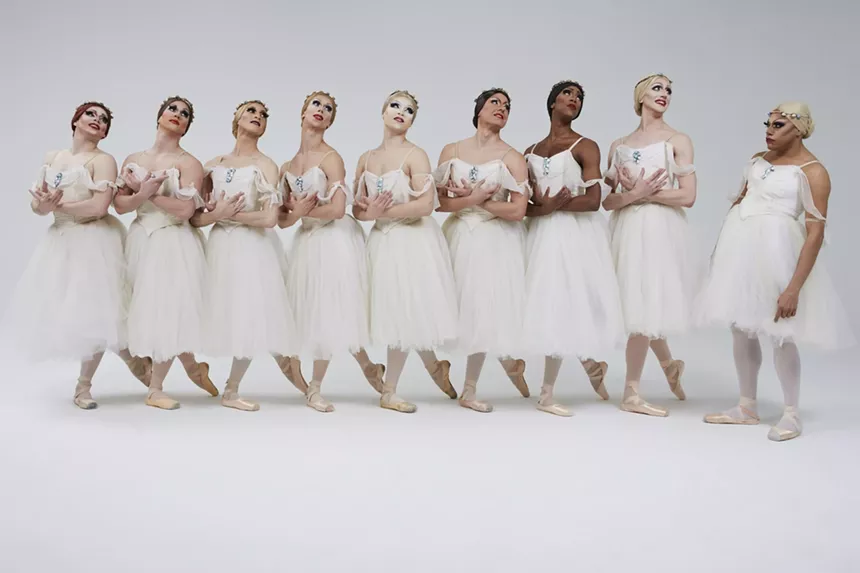The dancers of Les Ballets de Trockadero stand in a line