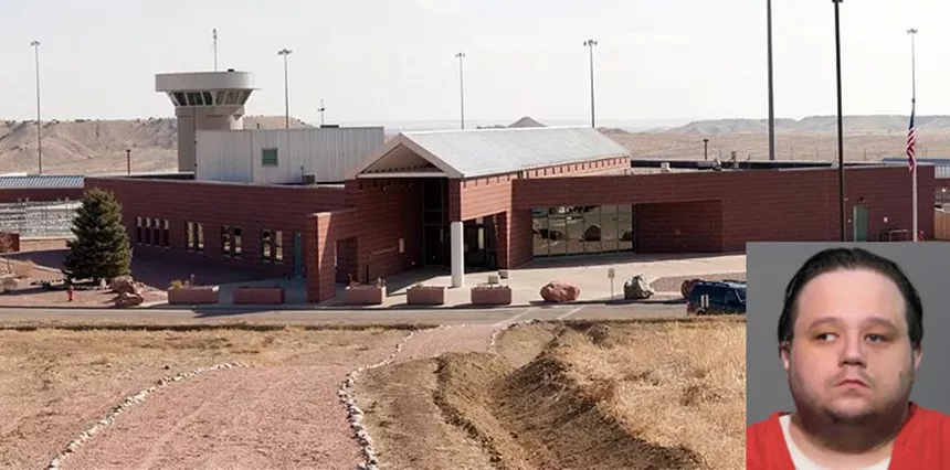 Department of Justice mugshot of James (Jimmy) Sabatino inset into a landscape photo of the U.S. Penitentiary Administrative Maximum (ADX) outside Florence, Colorado.
