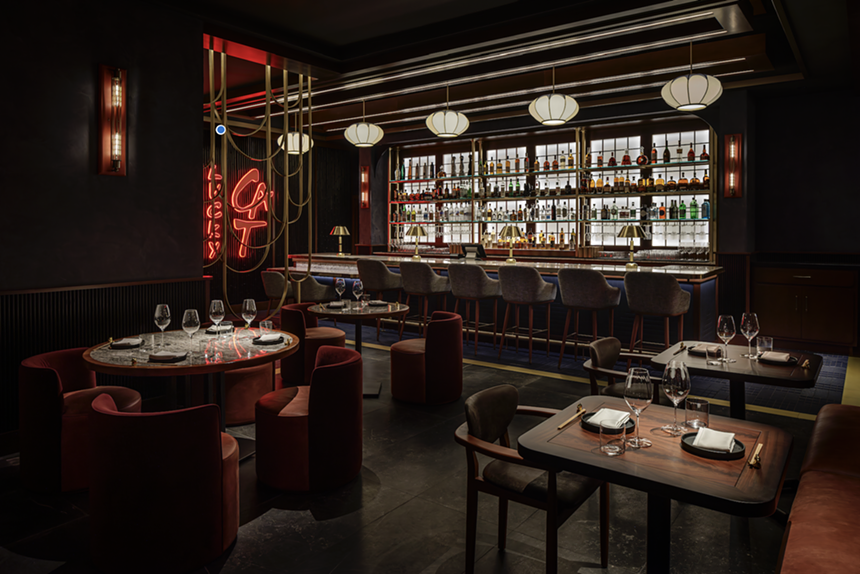 A dark dining room