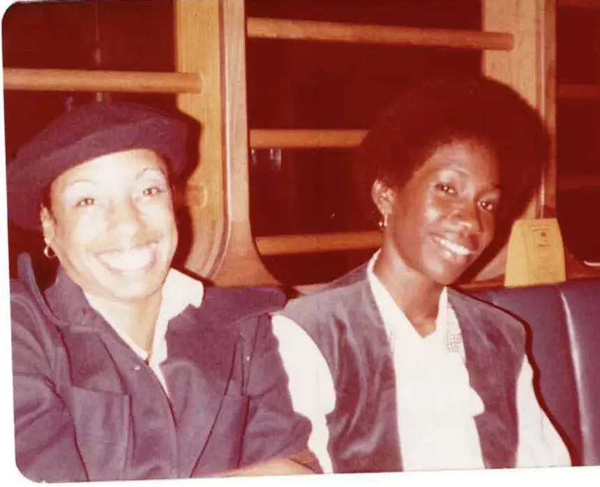 Old photo of Shirley Richardson and Patricia E. Williams staring and smiling at the camera