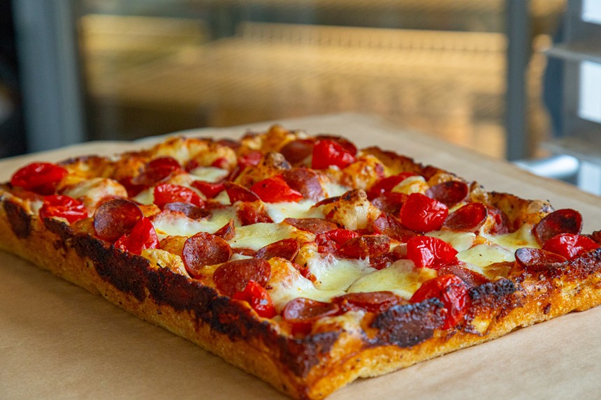 A Detroit-style pizza with toppings