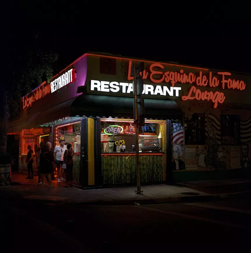 The coffee window at La Esquina de la Fama at night