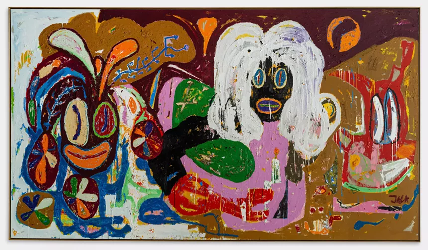 Colorful and chaotic painting by Jack Kabangu of two figures