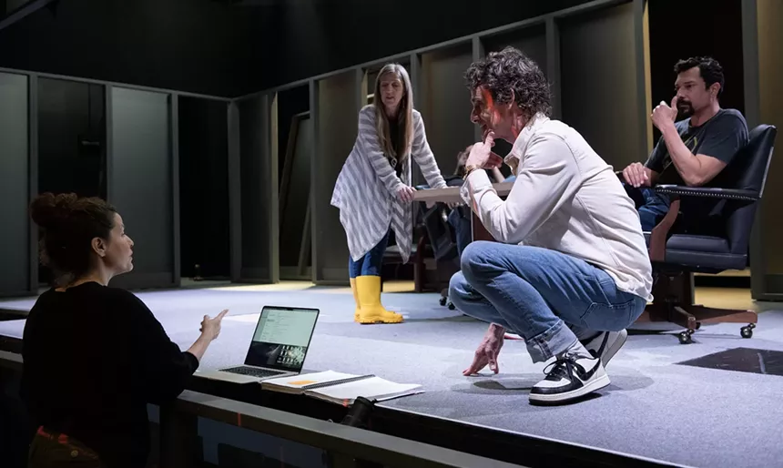 Bari Newport, Jeni Hacker, Mark H. Dold, and Brandon Morris rehearsing The Lehman Trilogy