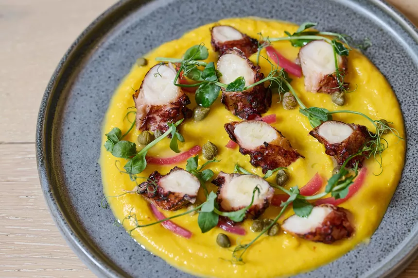 A yellow sauce and octopus on a plate