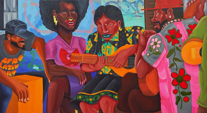 A colorful painting of four people