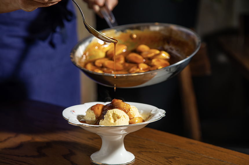 A dessert dish on a wooden table