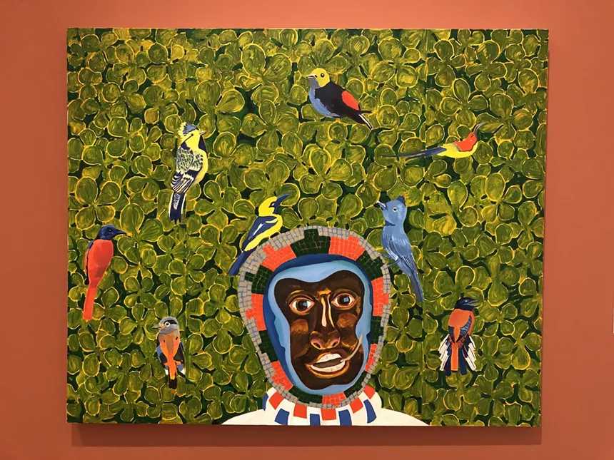 A colorful painting of a man surrounded by birds