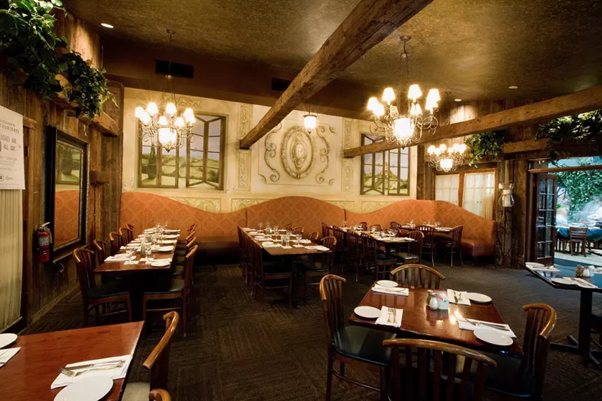 A dining room with seating