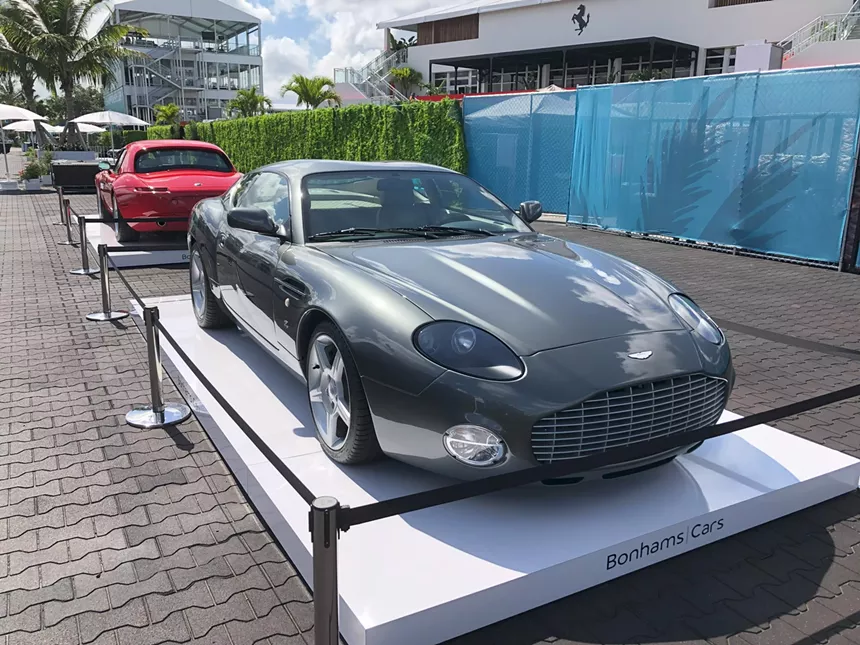A 2002 Aston Martin DB7 Zagato on a white pedestal and roped off