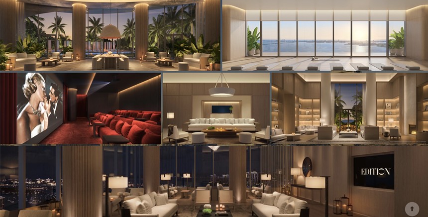 grid of 6 horizontal views of and from public spaces in a planned 55-story tower to be constructed at 2121 N. Bayshore Dr. in Miami's Edgewater neighborhood