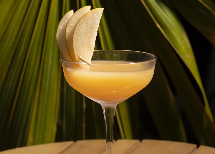 An orange cocktail with greenery in the background