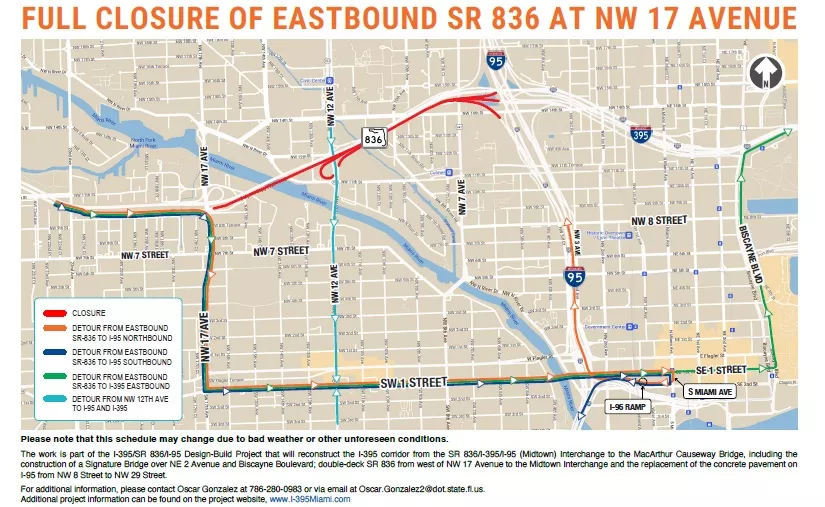 A map of detours for the latest highway closures triggered by the I-395/SR 836/I-95 Design-Build Project.