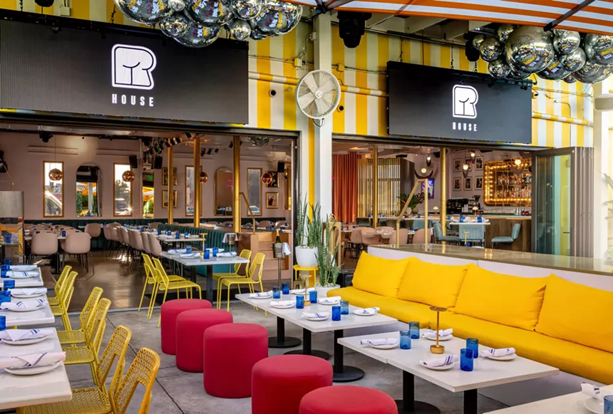 A colorful outdoor dining area