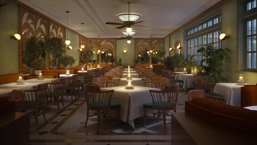 A rendering of a dining room with dimly lit lighting