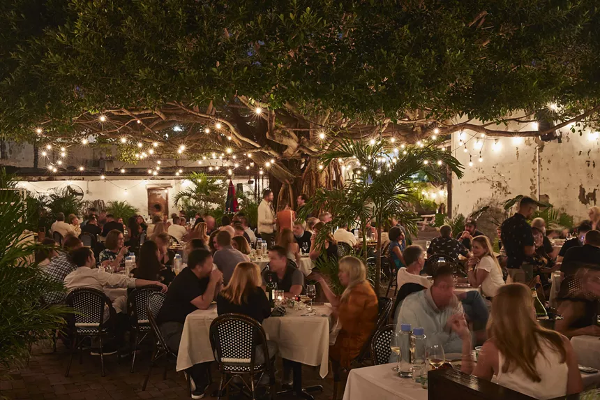 People eating outdoors at dining tables near a banyan tree