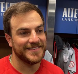 St. Louis Cardinals catcher Pedro Pagés smiles during an interview in the LoanDepot Park visitors clubhouse