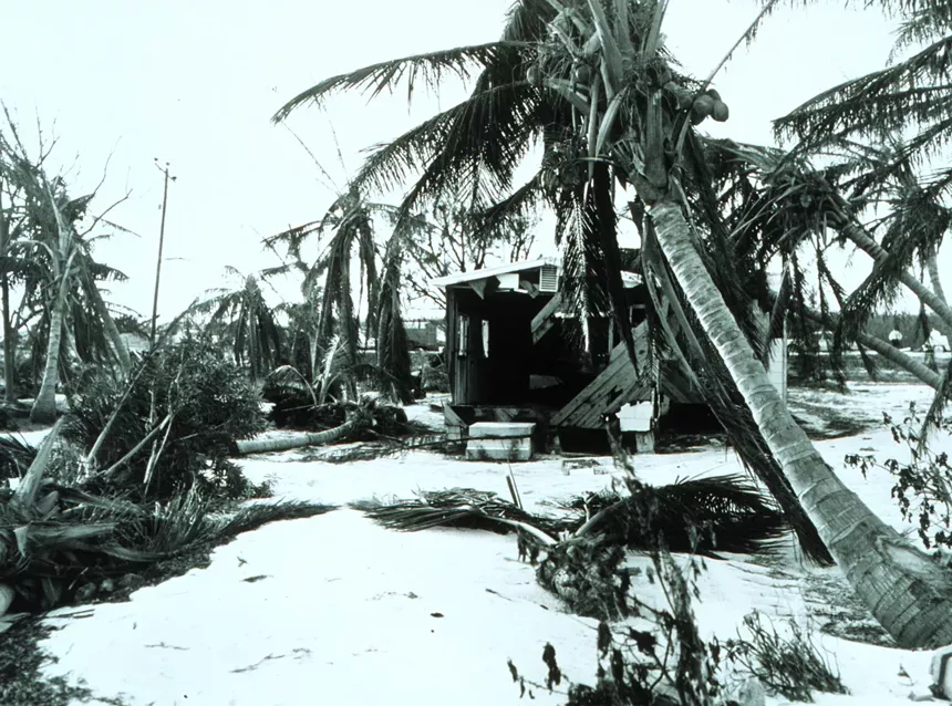 Black and white photo of a ravaged building on the Islamorada coast