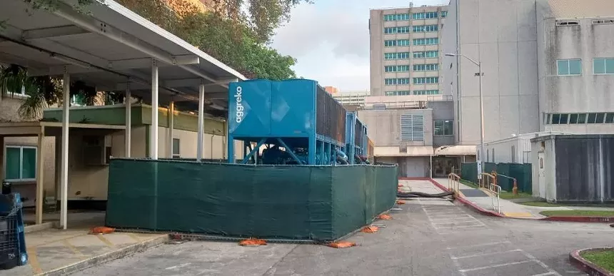 A large temporary cooling unit outside Miami VA