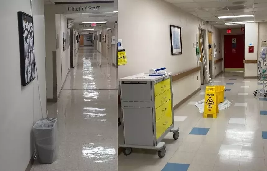 Water leaking around the floor of a veterans hospital in Miami