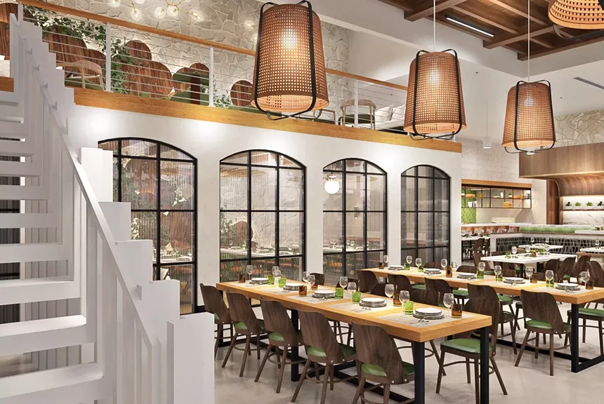 a dining room with two stories