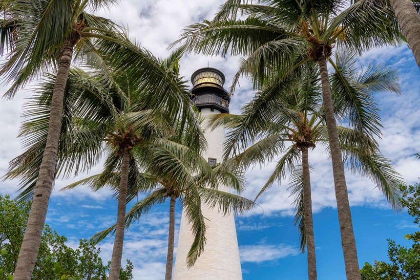 Palm trees in the foreground and a towering, white lighthouse in the background