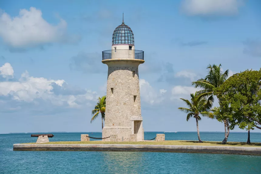 Oolite limestone lighthouse tower on the edge of a Biscayne Bay key