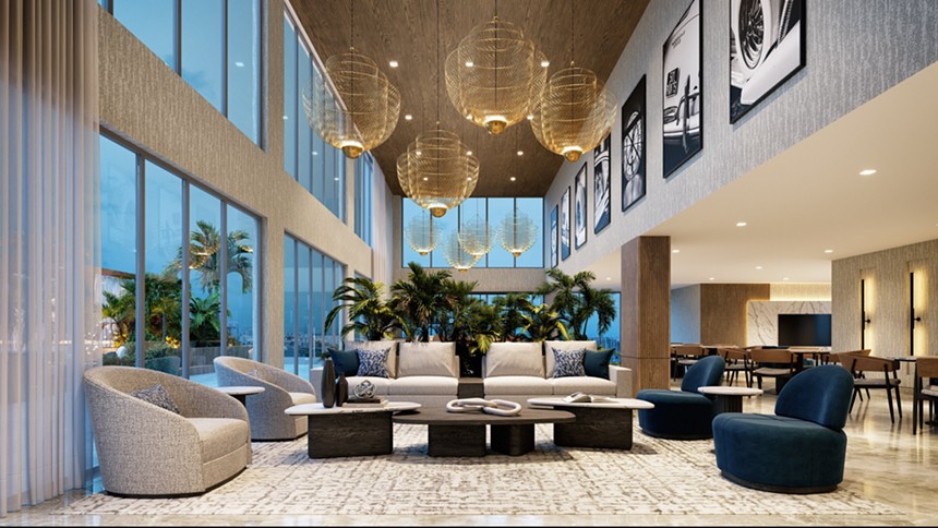 Concept image of a luxury condo lobby with high-end furniture, polished floors and modern chandeliers