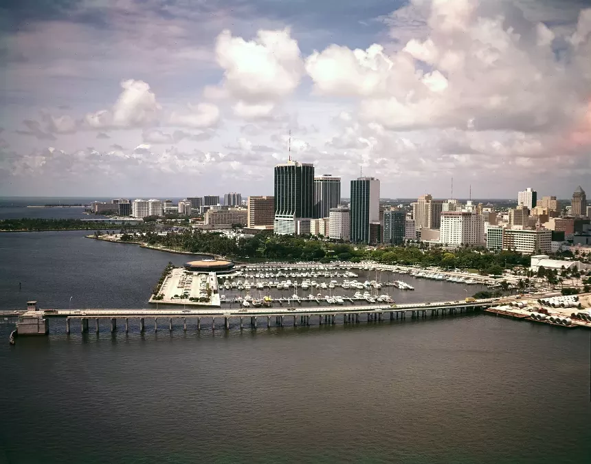 Aerial view looking south at Miamarina at Bayside and the downtown Miami skyline.