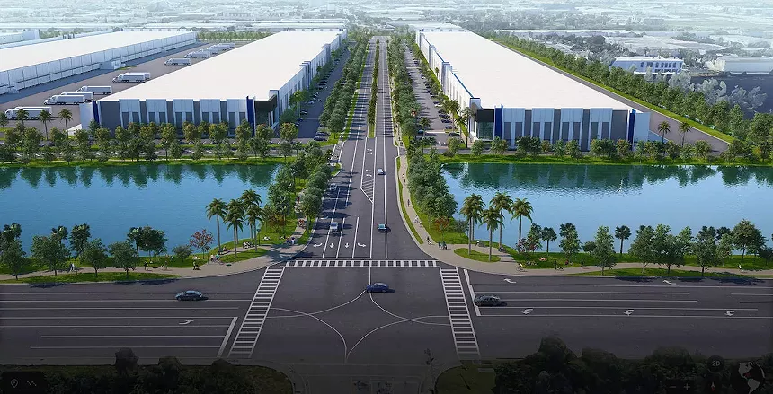 A photo rendering of Bridge Point Doral shows rows of multistory industrial buildings with tidy landscaping, ponds, and plenty of asphalt.