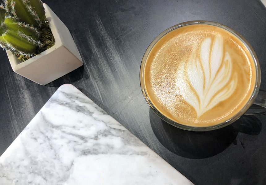 a latte and a plant on a table
