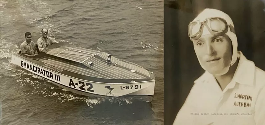 two vintage sepia toned photos showing Samuel Mortimer Auerbach and a boat in his Emancipator line