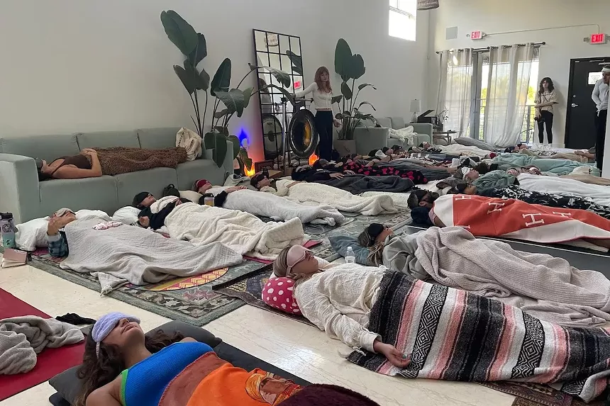 Cole Knight leading a sound healing sessions at Mindful Music Lab