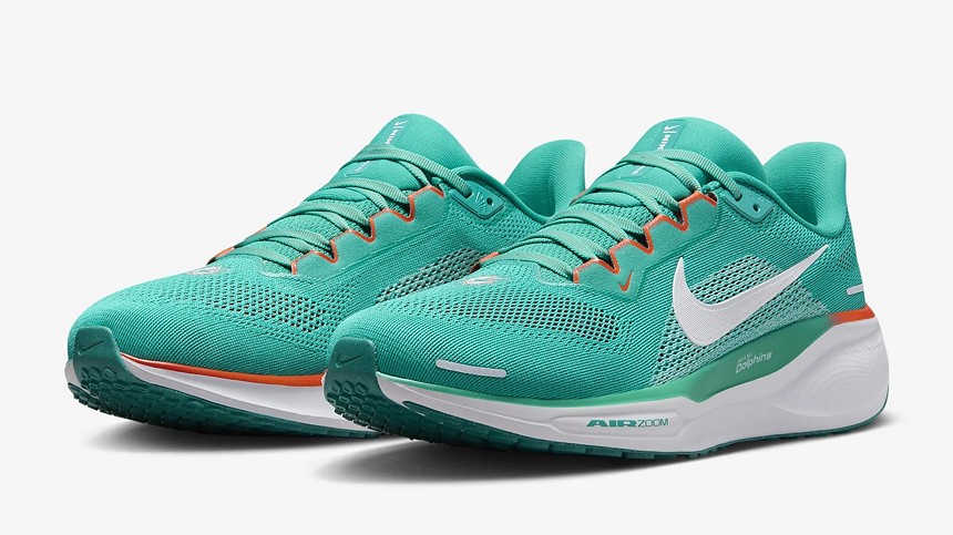 angled profile view of a pair of Nike Zoom Pegasus 41 Dolphins edition running shoes