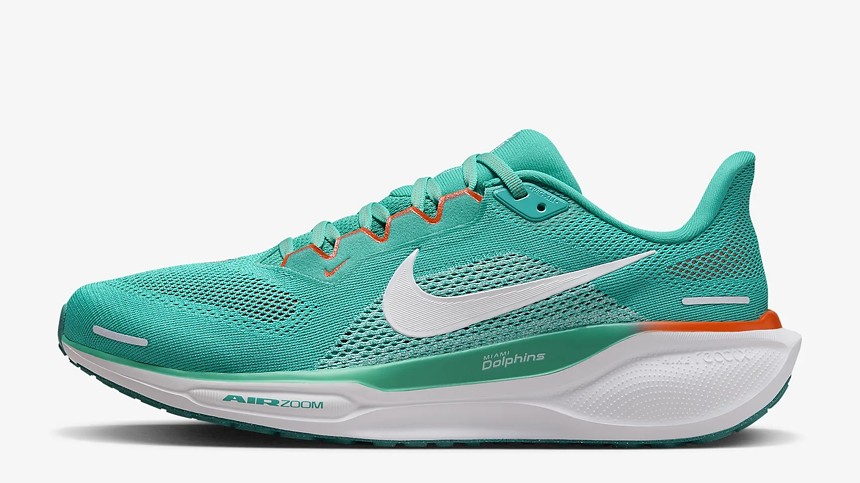 profile view from outer side of a Nike Zoom Pegasus 41 Dolphins edition running shoe