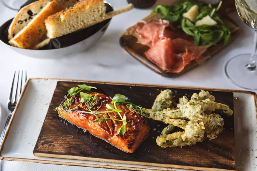food on a wooden slab