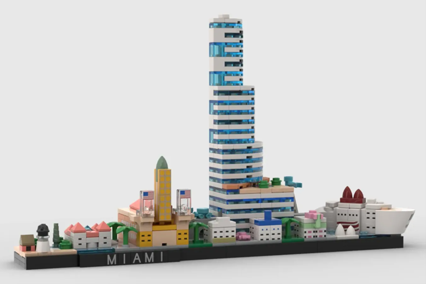 Lego model of Miami skyline featuring landmarks like the Freedom Tower and Miami Tower