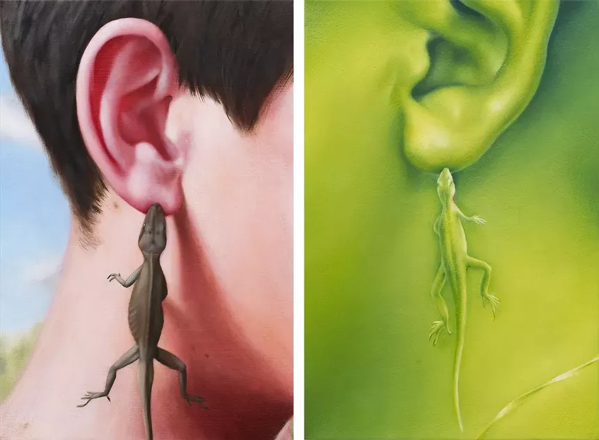 Paintings of lizards hanging to someone's ear