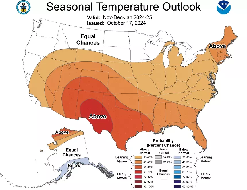 a map of the united states showing a seasonal temperature outlook