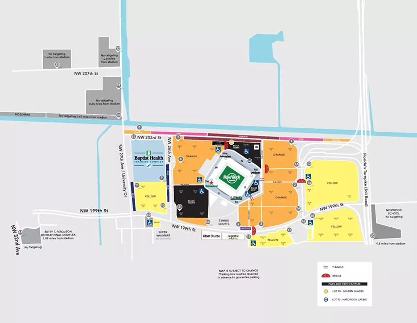 Map of the parking around Hard Rock Stadium in Miami Gardens