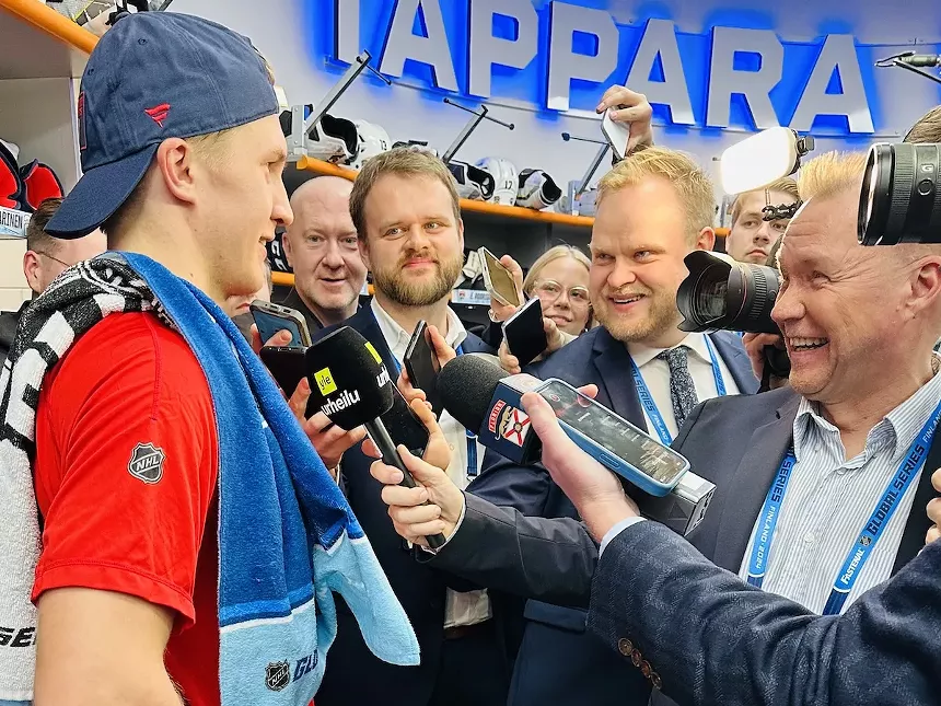 Finland native Anton Lundell taking questions from reporters