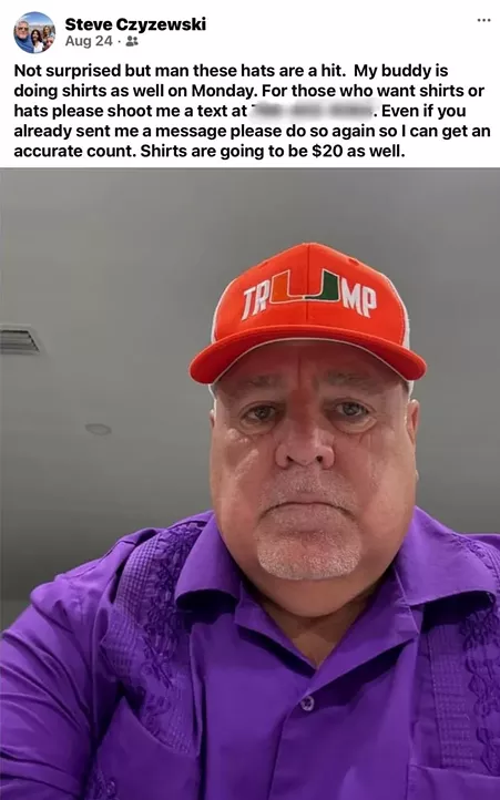 Selfie of Steve Czyzewski wearing Trump hat with UM logo that he is selling on Facebook