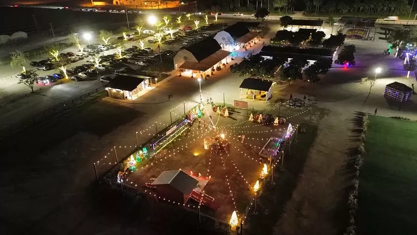 Arial shot of the Berry Farm at night