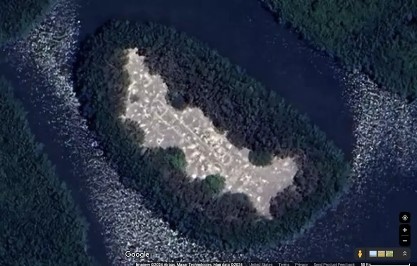 satellite image of a marshy portion of Bill Baggs Cape Florida State Park showing a large patch of sand dominated by a prominent, graffiti-scratched penis
