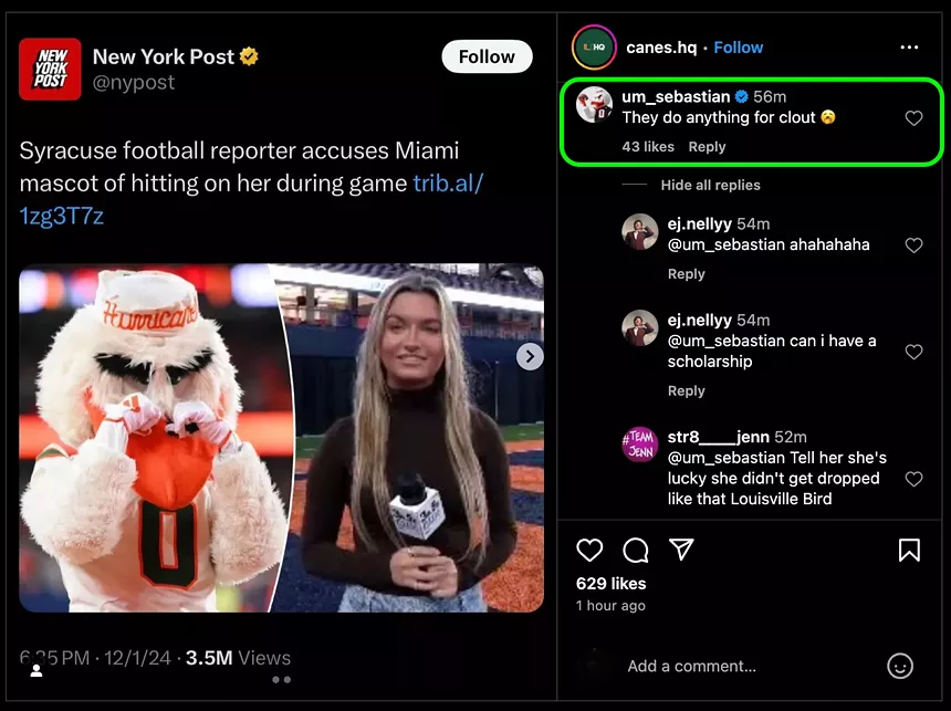 screenshot of an Instagram post regarding the Syracuse Take a Knee incident that contains a comment from Sebastian the Ibis that reads, "They do anything for clout 🥱"