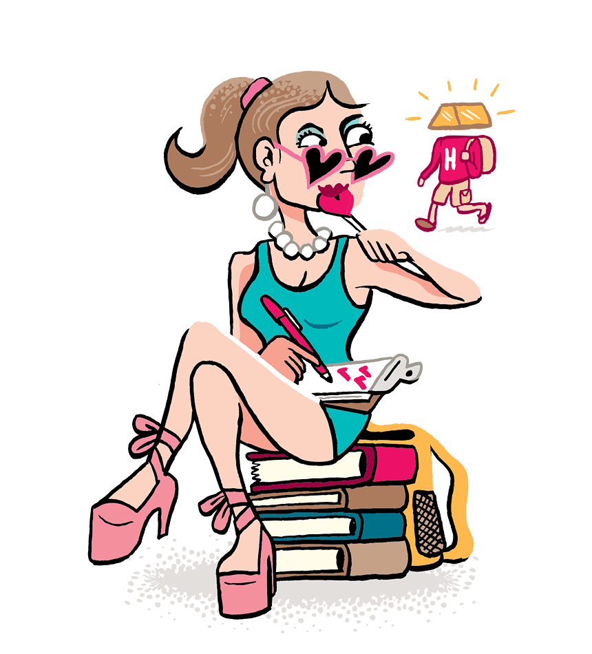 caricature of a young woman wearing heart-shaped sunglasses, sitting atop a pile of textbooks and filling out a checklist as a male figure passes by in the background