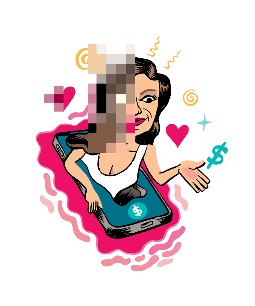 caricature of a woman emerging from a smartphone from the waist up, looking cagey